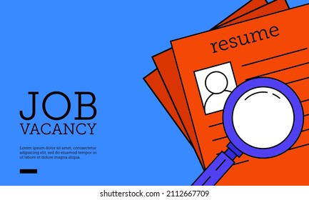 Vector illustration of resume paper with magnifying glass. Suitable for design element of job vacancy poster, recruitment agency website background, and resume builder service.