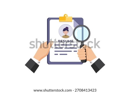 Vector illustration of Resume Review and Screening with Magnifying Glass on Clipboard for Job Search Recruitment Process.