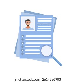 Vector illustration of resume screening process. Concept of employee selection for job candidates on white background.
