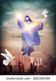 Vector illustration of the Resurrected Jesus Christ on modern city background, white doves