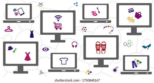 ilustración vectorial del negocio minorista en línea con pantallas y dispositivos visuales