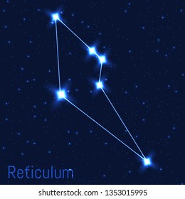 Vector illustration of Reticulum constellation. Astronomical Net. Cluster of realistic stars in the dark blue starry sky.