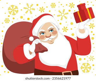 Vector illustration of retired old man grey white beard smiling excited look with Christmas presents. Santa Claus isolated on white background background holding large sack with gifts