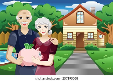 A vector illustration of retired people holding a piggybank of their savings