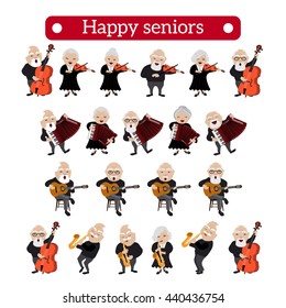 Vector illustration of retired people playing different musical instruments