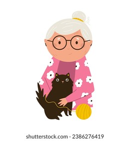 Vector illustration of retired, senior woman with knitting embracing black cat. Portrait of grandmother with domestic animal