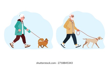Ilustração vetorial Aposentadoria de lazer. Mulher idosa, homem anda com animais de estimação. Cachorro andando na coleira. Atividade de pensionistas ao ar livre. Pessoas aposentadas passatempo e conceito de estilo de vida saudável. Raça Animal De Repouso