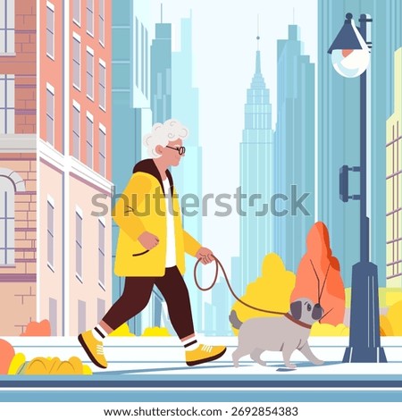 Vector illustration Retirement leisure. Elderly woman walk in city with pet Dog breed on leash Old lady outdoors activity Retired people pastime and healthy lifestyle concept. Rest Urban Cityscape