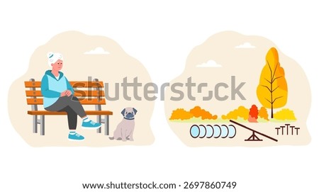 Vector illustration Retirement leisure. Elderly woman walk with dog. Outdoors activity. Retired people pastime and healthy lifestyle. Hurdles course. Dog training. Pet Obstacle Exercise Agility Sport