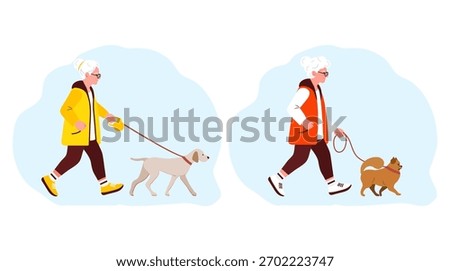 Vector illustration Retirement leisure. Elderly woman walk with pet. Walking Dog on leash. Old lady outdoors activity. Retired people pastime and healthy lifestyle concept. Rest Animal Breed