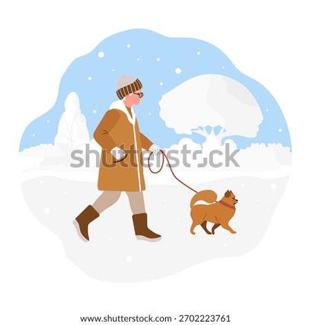Vector illustration Retirement leisure. Elderly woman walking in park with pet Dog on leash Old lady outdoors activity Retired people pastime and healthy lifestyle concept. Nature Fit Winter