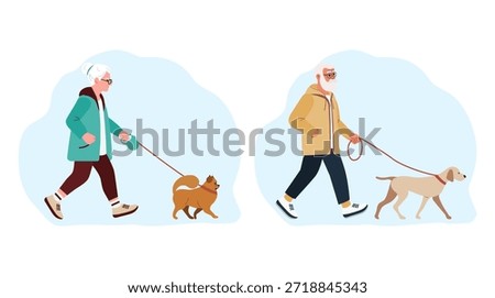Vector illustration Retirement leisure. Elderly woman, man walk with pets. Walking Dog on leash. Pensioners outdoors activity. Retired people pastime and healthy lifestyle concept. Rest Animal Breed