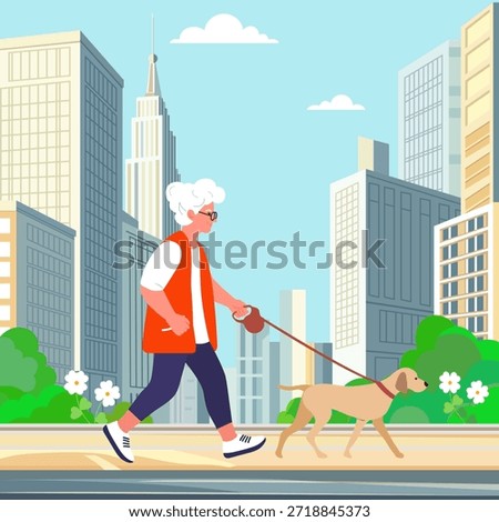 Vector illustration Retirement leisure. Elderly woman walk in city with pet Dog breed on leash Old lady outdoors activity Retired people pastime and healthy lifestyle concept. Urban Cityscape Summer