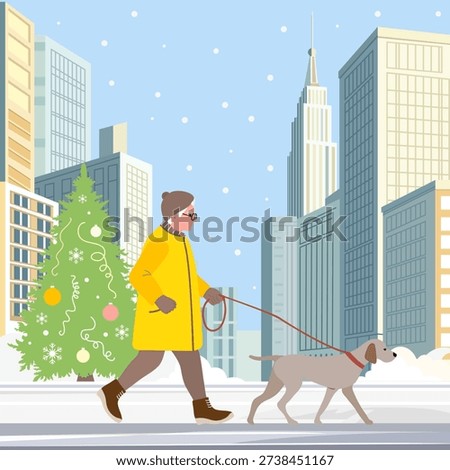 Vector illustration Retirement leisure. Elderly woman walk in city with pet Dog breed on leash Old lady outdoors activity Retired people pastime and healthy lifestyle concept. Urban Cityscape Winter