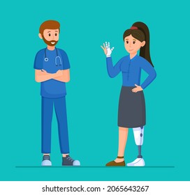 Vector illustration of retrieved prosthetics. Putting a prosthesis. Rehabilitation after leg surgery. 