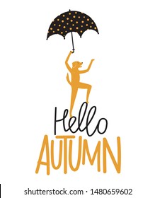 Vector illustration with retriever holding umbrella and lettering text - Hello Autumn. Season print design, greeting card art, typography poster with dog