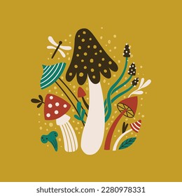 vector illustration in retro 60s style, cute mushrooms composition on yellow background