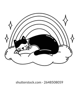 Ilustração vetorial de um gato retrô dos anos 70 dormindo com uma aura arco-íris sobre um fundo branco. Perfeito para gráficos, cartazes e projetos digitais do Dia Internacional do Gato.
