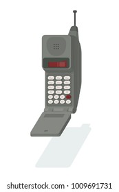 Vector Illustration Of A Retro 90s Cellphone With Antenna. Vintage Mobile Phone With Keys Isolated On White Background