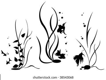 Vector illustration of retro abstract floral swirl elements with fish and algae