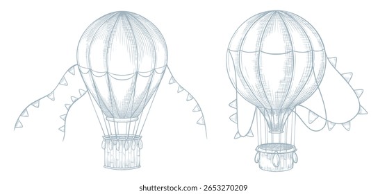 Vector illustration of retro air Balloons in outline style. Drawing of vintage Airships for retro adventure themes, baby shower invitations or childish greeting cards. Linear sketch of blue Aircrafts.