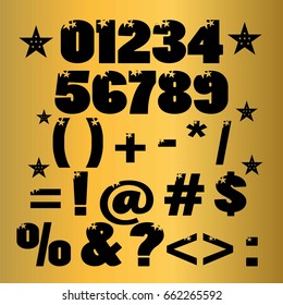 Vector Illustration of the retro alphabet numbers styled with stars and gold background