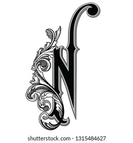 Vector illustration of retro ancient uppercase letter  N with decorations isolated on white background.Antique Letter with baroque ornamentation. Elegant black capital letter to use monograms, logos