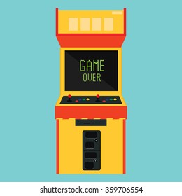 Vector illustration retro arcade with pixel game over message.