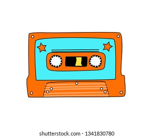 Vector illustration.  retro audio cassette. Analog media for recording and listening stereo. Old-fashioned tape cassette. Sticker with contour. Isolated on white background