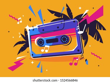 Vector illustration of a retro audio cassette, with a background of palm leaves and design elements, sheet music