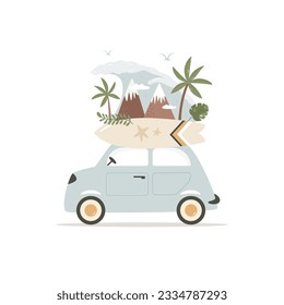 Vector illustration of a retro automobile that is going for vacations. Palms, mountains, wave, seagulls. Summer wanderlust, getaway concept.