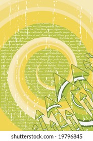 Vector illustration of a retro background with swirls and spirals and arrows in the corner. Poetry theme with text background.