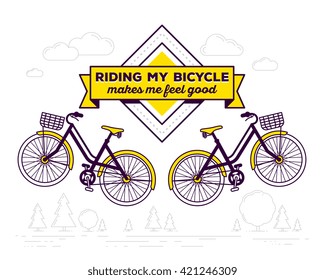 Vector illustration of retro bicycle with basket and text riding my bicycle makes me feel good on white outdoor background. Bike emblem concept. Thin line art flat design of vintage bicycle, riding