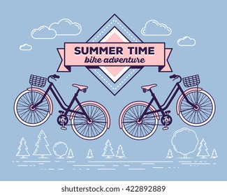 Vector illustration of retro bicycle with basket and text summer time, bike adventure on blue outdoor background. Bike badge concept. Thin line art flat design of vintage bicycle, riding, cycling