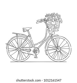 Vector illustration of a retro bicycle carrying a woven basket with tulips. Contour black and white drawing. 