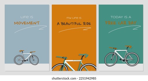 Vector illustration of retro bicycle, my life is a beautiful ride on blue background. Bike adventure concept. Free car day flyer. Postcards of bicycle, riding, cycling. Life is movement. Eco lifestyle