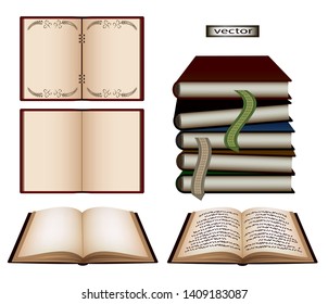 vector illustration of retro book set in vintage style folded with bookmarks and open book page view