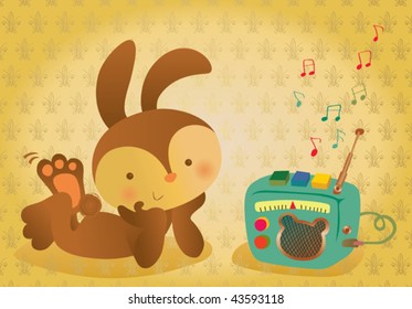 Vector illustration of a retro bunny listening to the radio.