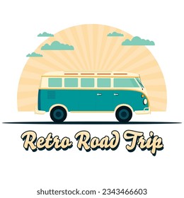 Vector illustration of a retro bus. Flat vector of vintage traveling van. Poster going on a holiday vacation road trip by an old vehicle on white background with clouds.
