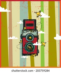 Vector illustration with retro camera, card
