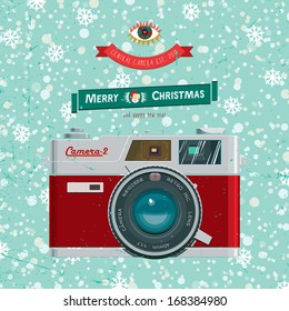 Vector illustration, retro camera on a background of snow