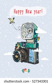 Vector illustration, retro camera on a background of snow.