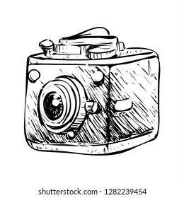 Vector illustration. Retro camera simple doodle design in black and white