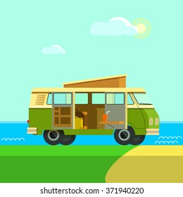 Vector illustration retro camper van.The journey by car. Small car  to travel. Retro car rides on nature. Car for the whole family.