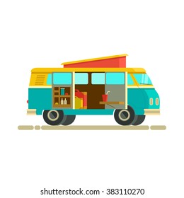 Vector illustration retro camper van.The journey by car. Small camper van with with accessories. Retro camper van luggage. Car for the whole family. Car family isolated