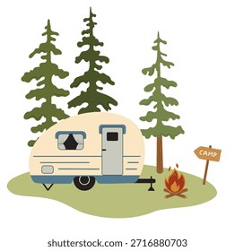 Ilustración vectorial de un remolque de camping retro en un claro forestal. Caravana, fogata, cartel de madera y pinos. Composición de estilo plano, concepto de camping al aire libre, aislado sobre fondo blanco.