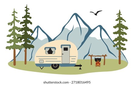 Ilustración vectorial de remolque de camping retro en paisaje montañoso. Caravana en prado forestal con pinos, fogata y montañas. Concepto de camping exterior. Estilo plano, aislado en el fondo blanco.