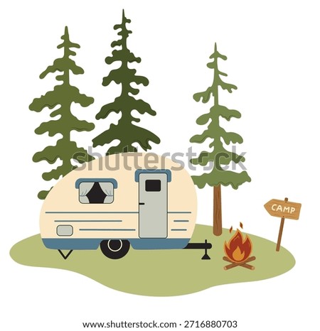Vector illustration of a retro camping trailer in a forest clearing. Caravan, campfire, wooden camp sign and pine trees. Flat style composition, outdoor camping concept, isolated on white background.