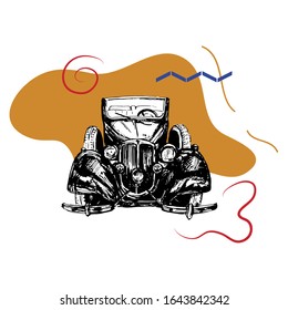 Vector illustration with retro car and abstract elements. Sketch style.