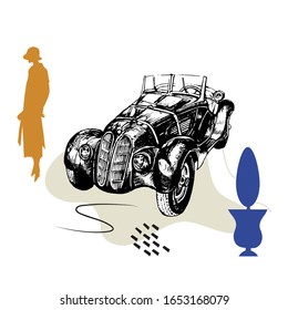  Ilustración vectorial. camión retro con elementos abstractos y una silueta de mujer. Cartel del interior.